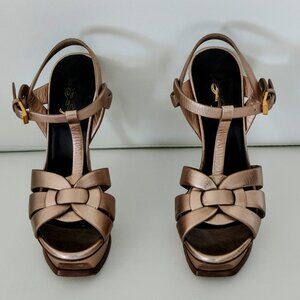 Saint Laurent Tribute Metallic Leather Platform Sandals in Blush Leather Golden